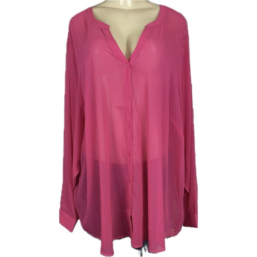 Torrid +5 Pink Split Neckline Button Down Sheer Woven Chiffon Long Sleeve Blouse - Picture 2 of 6